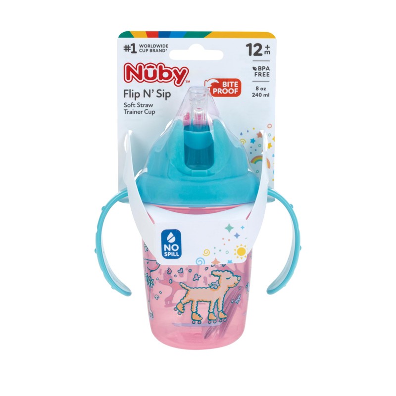 Nuby 2-Handle No-Spill Flip-it Fat Straw Printed Cup - 8oz/