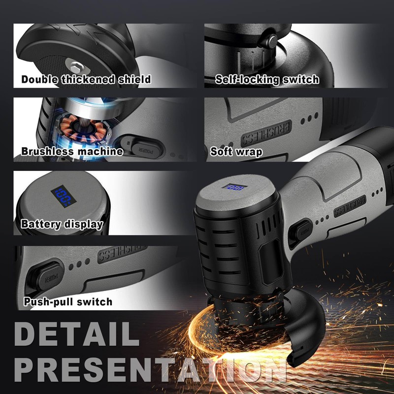 ZFULVO Brushless Cordless Angle Grinder Kit, 19500rpm Mini Electric Angle