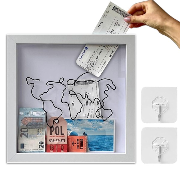 Adventure Archive Box Frame,White Travel Memory Box,Ticket Box Frame with Slot,Wooden Travel Ticket Collection Shadow Box Frame,Creative Memory Box Display Case for Movie Sporting Ticket(30 * 30cm)