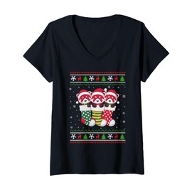 Womens Ugly Xmas Sweater Red Panda In Christmas Socks V-Neck T-Shirt