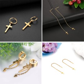 3 Pairs Stainless Steel Gold Chain Tassel Cross Earrings for Women| Womens Gold Threader Earrings | Gold Dangle Earrings for Women | Long Drop Minimalist Chain Earrings Set