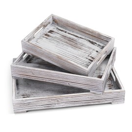 Flexzion Wooden Nesting Trays, Breakfast in Bed Serving Tray with Cutout Handles - Set of 3, Decorative Rustic Torched Whitewash Wood Platter Organizer Serve for Coffee Food Home Kitchen Table Display