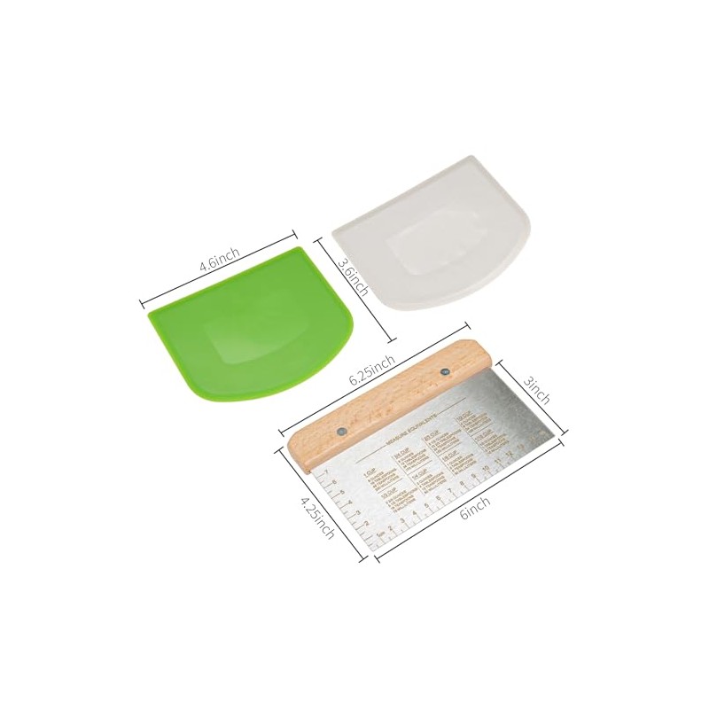 Casoter Professional Dough Scraper Set, 3-Piece, Stainless Steel with Wooden