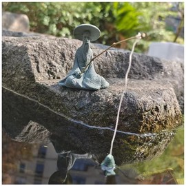 livelyfish Mini Fisherman Statue Asian Zen Decoration Sitting Fishing Figurine Sandstone Vintage Ornament Aquarium Fish Tank Pot Garden Home Japanese Decor (B2)