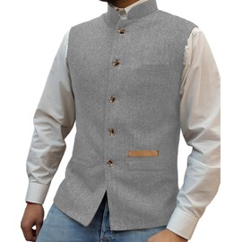 Yiaisafa Hunting Men's Stand-Up Collar Mock Tweed Vests Retro Herringbone Vest Vintage Wedding Gilet Wool Groom, silver