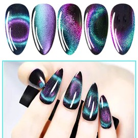 AHAMIOU 9D Cat Eye Gel Nail Polish Magnetic Nail Polish Holographic Cats Eyes Gel Nail Polish Gel with Chameleon Magic Effect with Magnet Stick (Purple&Green)
