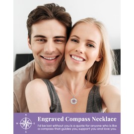 925 Sterling Silver Compass Necklace for Women, Wife Anniversary Necklace for Her, Love Jewelry for Girlfriend Birthday Valentines Day, Pendant Engraved with I'd be Lost without You, 02 Feb Amethyst CZ Diamond