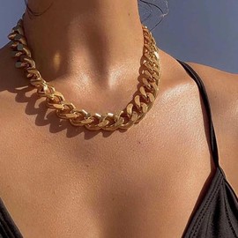 Vacaonio Gold Cuban Link Chain Necklaces Punk Chunky Chain Necklace Hip Hop Turnover Necklace Cuban Curb Chain Necklace Gothic Thick Chain Statement Necklace for Women