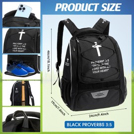 Locmeo Christian Baseball Bag Cross Baseball Backpack for Youth Adult Religious T-Ball Softball Equipment Gear with Separate Shoes Compartment Fence Hook for Helmet & Accessories(Black,Proverbs 3:5)