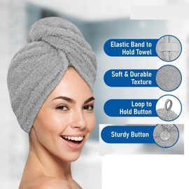 Hair Cap Wrap Quick Dry Super Absorbent Turban Head Wrap for Women with Button, Non Microfiber Anti Frizz Hair Products, Cap for Curly, Long & Thick (Grey, One Size)