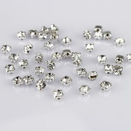LolliBeads (TM) 100 Pcs Crystal Ringed Sew on Rhinestone Czech Glass with Silver Plated Brass Base Prongs Cup, White 4 mm
