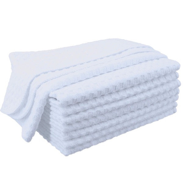 Polyte Ultra Premium Microfiber Kitchen Dish Hand Towel Waffle Weave, 8 Pack (12x12 in, White)