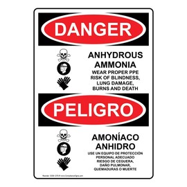 ComplianceSigns.com DANGER Anhydrous Ammonia Wear PPE English + Spanish OSHA Safety Sign with Symbol, 10x7 in. Plastic for Hazmat PPE