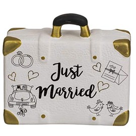 ootb Savings Box, Suitcase, just Married, Ceramic, White & Gold, Dimensions: 14 x 13 x 5 cm