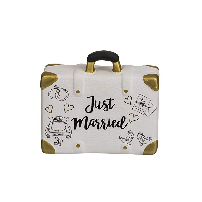 ootb Savings Box, Suitcase, just Married, Ceramic, White & Gold,