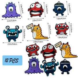 DHER Iron-On Patches Children's Patches for Iron-On Pack of 12 Cute Embroidery Stickers, Cute Monster Embroidered Fabric Stickers, Trendy Clothing Embroidery Sticker Patches