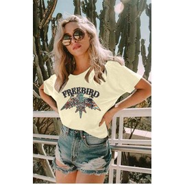 Vintage Rock Band T-Shirts Women: Retro Eagle Graphic Shirts Rock Concert Tee Music Lover Casual Short Sleeve Tops Apricot