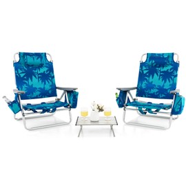 BETTARY Backpack Beach Chairs Set, 5-Position Lawn Chair & Small Aluminum Table w/Cup Holder, Cooler Bag, Heavy Duty Lay Flat Folding Camping Chairs 3PCS for Fishing & Sunbathing