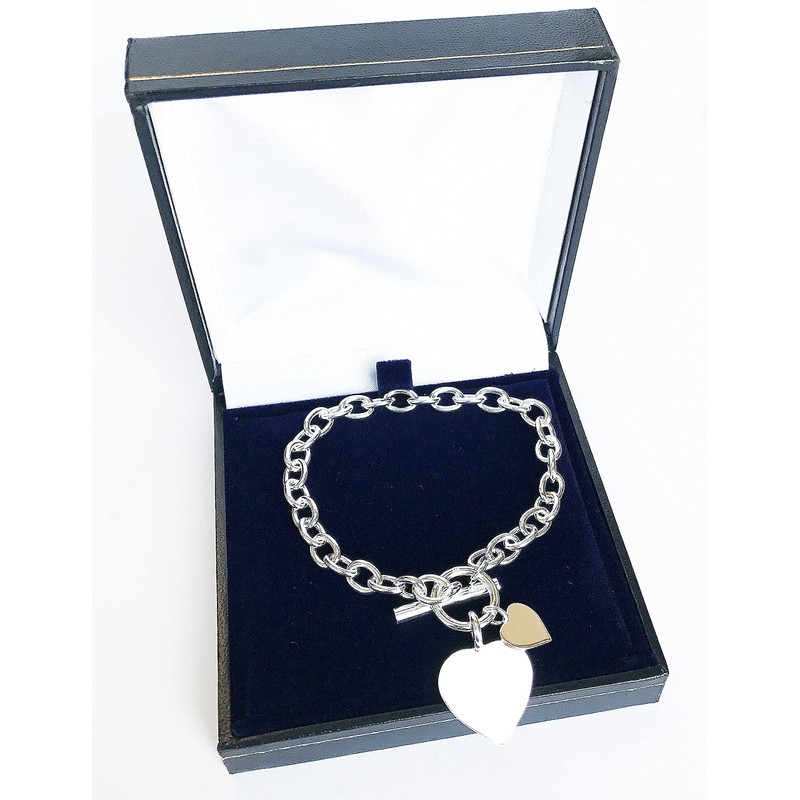 Sterling Silver Bracelet with Double Heart Tag with Bars and