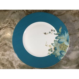 222 Fifth Eliza Porcelain Dinnerware Collection: 11" Round Dinner Plates, Set of 4, White/Teal