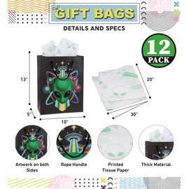 DolliBu Alien Large Gift Bags with Tissue Paper, 12 Pc Set - Space Alien Big Gift Wrap Bags with Handles and Alien Tissue Paper for Holiday, Birthday, Party Favor Gift Bags - 13 Inch, 12 Pack