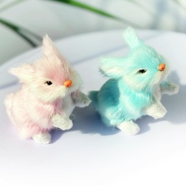 2-Pack Assorted Pink and Blue Faux Fur Mini Realistic Easter Bunnies - Cute Plush Hare Figurines for Home Decoration and Easter Basket Fillers