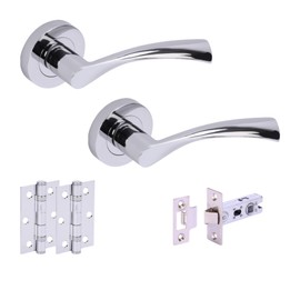 HANDLEZONE® Lobo Internal Door Handle Latch Pack, Complete with Lever On Rose Handles, 65mm Latch, 75mm Ball Bearing Hinges - Polished Chrome