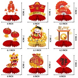 Chinese New Year Honeycomb Centerpieces, 9 Pieces Lunar New Year Table Centerpieces - Asian Chinese Themed Spring Festival Red and Gold Paper Table Toppers Party Decorations