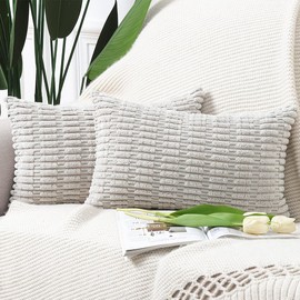 MADIZZ Pack of 2 Boho Striped Corduroy Throw Pillow Covers 12x20 Inch Grey Soft Decorative Cushion Cover for Sofa Bedroom Pillow Shell