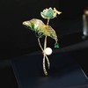 14K Gold Lotus Leaf Brooch with Sparkling Moissanite & Pearl,