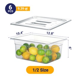 BIEAMA BIEAMA 6 Pack NSF Food Pans with Lids, 1/2 Size 6' Deep Commercial Food Storage Containers, Polycarbonate, Clear