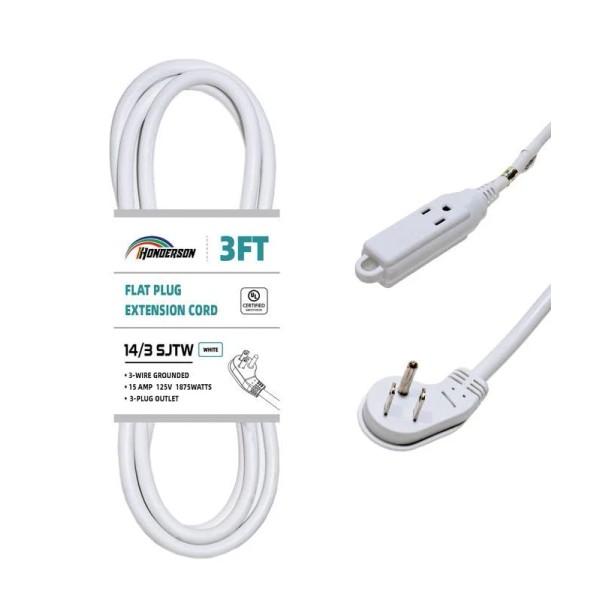 HONDERSON 3-Outlets Flat Plug Indoor Extension Cord Outlet Extender UL
