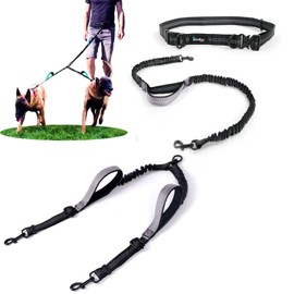 wikiRay Premium Hands-Free Double Dog Lead with Durable Metal Buckle, Adjustable Coupler & Comfortable Handle Pad – Versatile Design for Walking One or Two Dogs (Gray)