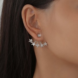 Inilbran Boho Crystal Star Ear Jackets Earrings Silver Rhinestone Star Jacket Earrings Vintage Crystal Star Ear Climber Earrings Sparkly Cz Star Front Back Earrings Jewelry for Women and Girls