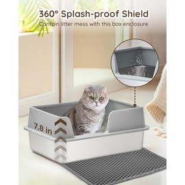 Papettly Stainless Steel Litter Box - Cat Metal Litter Box with Splash-Proof Lid, Easy Cleaning & Odor-Less Stainless Steel Cat Litter Box with Double Layer Litter Mat, Litter Scoop, Brush, 20” x14”