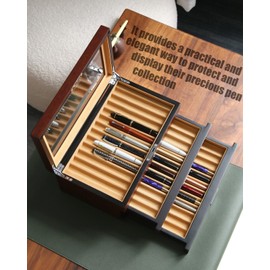 Bonaking Pen Display Case with 36 Pen Slots, Fountain Pen Case, Wood Pen Storage Organizer, Pen Box Display for Men Gift, Pen Display Box with Glass Window(Brown ash Veneer Finish, Camel Velvet)