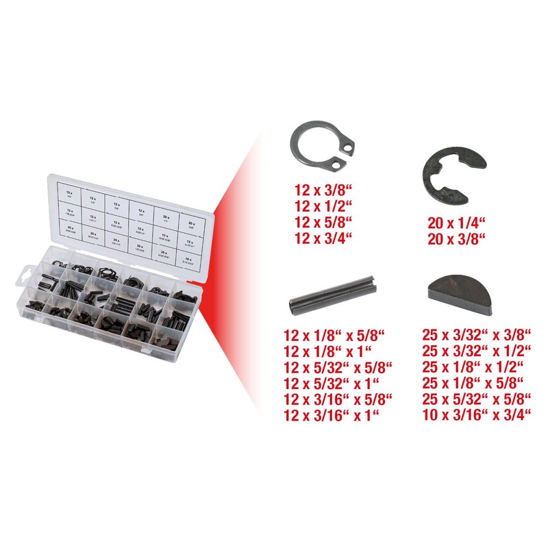 KS TOOLS Roll pins/Seeger Feather Keys/E-Ring circlips Assortment, 1/8" x5/8"-3/16"x