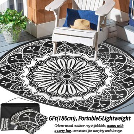 Cekene Round Outdoor Rugs 6Ft Reversible Patio Rugs Lightweight Plastic Straw Rug Portable RV Camping Mat Waterproof Area Rug for Patio Deck Porch Picnic Beach BBQ Garden