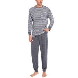Sykooria Long Men's Pyjamas with Cotton Cuffs, 2-Piece Pyjamas with Long-Sleeved Top and Bottoms - s
