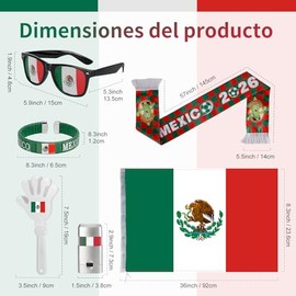 Kit de Aficionado con Bandera, Bufanda, Gafas de Sol, Pulsera, Aplaudidor de Mano y Pintura Facial para Partidos de Fútbol y Copa Mundial 2026, 6 Piez