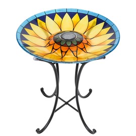 MUMTOP Outdoor Bird Bath, Large Glass Bird Baths Bowl with Metal Stand, Solar Sunflower Birdbaths for Outside Garden Lawn Yard Decor, 18”Dia 21.65”Height
