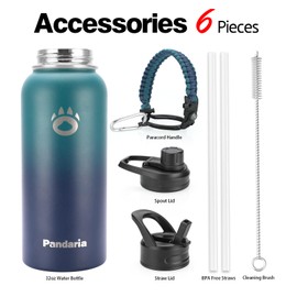 Pandaria 32 oz Water Bottle Stainless Steel, Double Walled Leak Proof Water Bottle Ideal for Gym, Hiking, Travel - Includes Lids, Straws, Paracord Handle, Cleaning Brush (Boss)