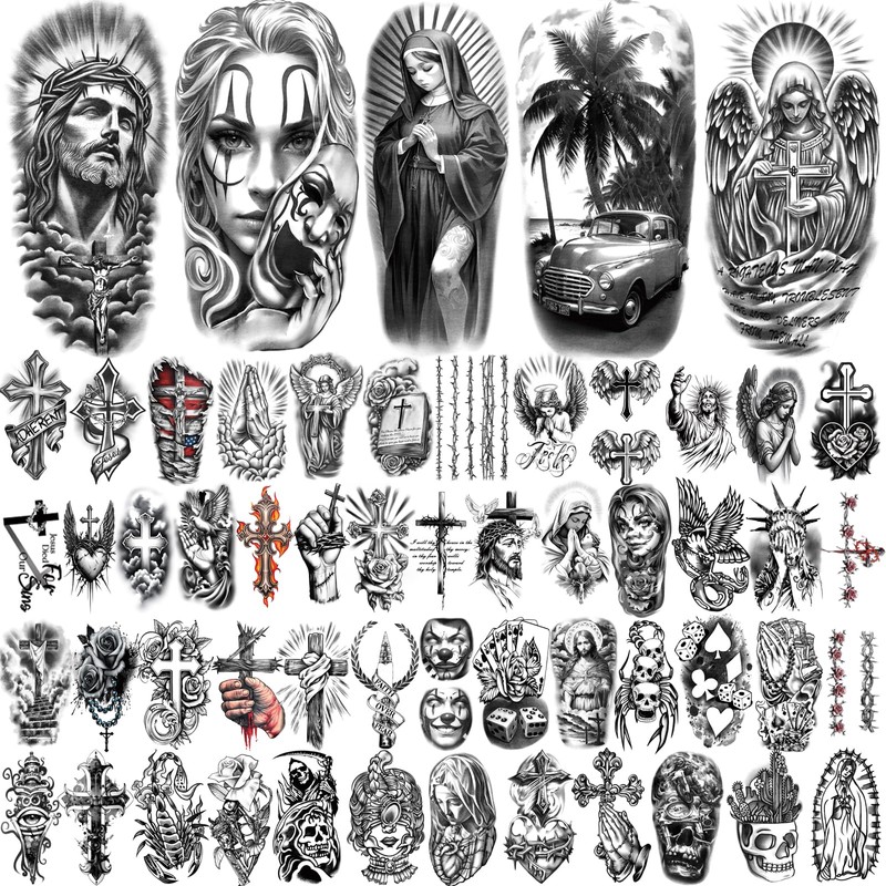 77 Sheets Christian Chicano Temporary Tattoos Adult Men Women Jesus
