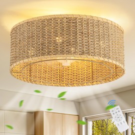 Boho Ceiling Fan with Light,Caged Ceiling Fan with Remote Control Reverible Blades Low Profile 6 Speeds Farmhouse Rattan Fandelier Chandelier Ceiling Fans for bedroom dining room kitchen living room