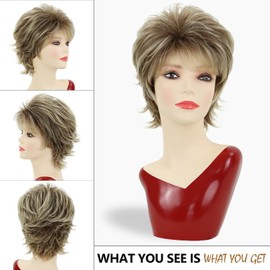 Y YIMANEILI Blonde Pixie Cut Wigs for White Women Layered Short Hair Wigs with Bangs Synthetic Blonde Mixed Brown Wavy Wigs
