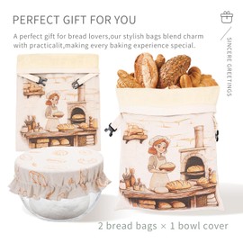 JOYCUDDLE 2 Packs Bread Bags for Homemade Bread with Proofing Cover - XL Linen Beeswax Reusable Sourdough Bags with Bowl Cover - Safe Storage, Baking Supplies,Freezer-Safe