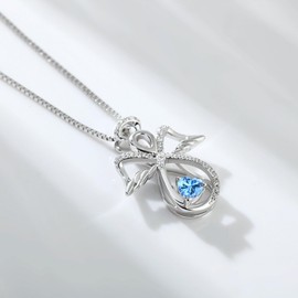 JiaYang Sterling Silber Infinity Engel Halskette Herz März Aquamarin Schutzengel Anhänger Schmuck Geschenke für Sie