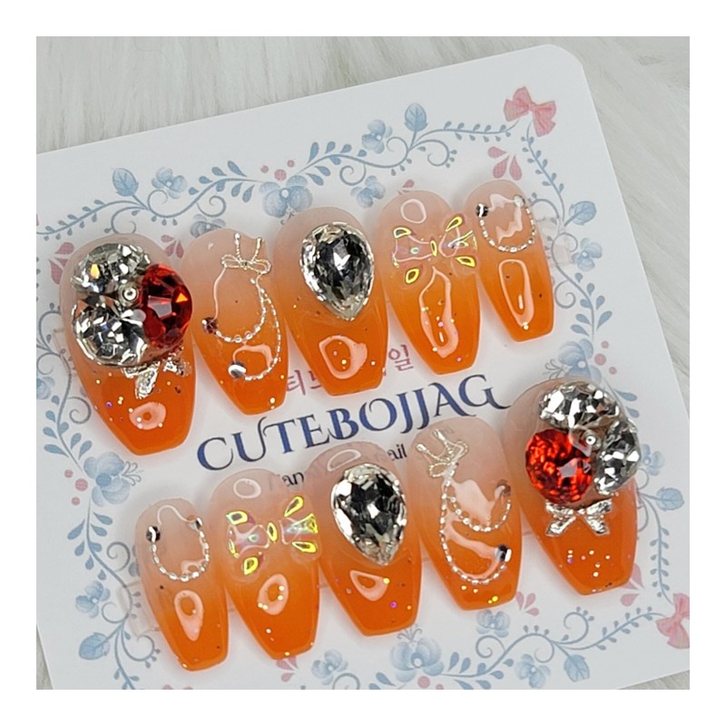 Coral Glitter Handmade Nail Tips - Almond S / 코랄