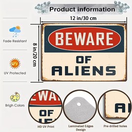Smilelife Alien Gifts Vintage Alien Decor Beware of Aliens Funny Metal Sign for Home Bedroom Garage Man Cave Shed Indoor&Outdoor Decor 12 x 8 Inch (3301)
