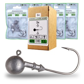 Zotic Professional Quality Jig Hooks with Double Bead, Jig Heads, Pack of 15, Pike, Zander, Perch, Round Head, Spin Fishing, Fishing Accessories, Point, Sharp, Hook (3/0-10g)